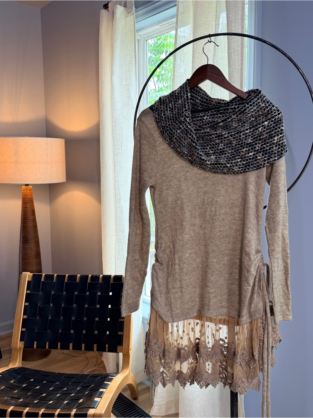Ryu Taupe Knit Sweater with Black-Gray Mixed Knit Cowl